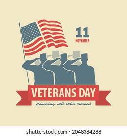Veterans day poster template. US Army soldier saluting against USA Flag. Vector illustration