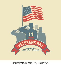 Veterans day poster template. US Army soldier saluting against USA Flag. Vector illustration