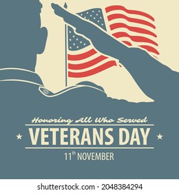 Veterans day poster template. US Army soldier saluting against USA Flag. Vector illustration