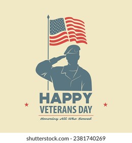 Veterans day poster template. US Army soldier saluting against USA Flag. Vector illustration