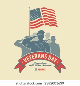 Veterans day poster template. US Army soldiers saluting against USA Flag. Vector illustration