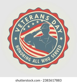 Veterans day poster template. US Army soldier saluting against USA Flag. Vector illustration