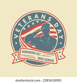 Veterans day poster template. US Army soldier saluting against USA Flag. Vector illustration