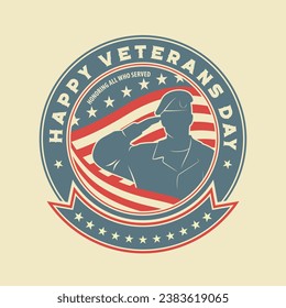 Veterans day poster template. US Army soldier saluting against USA Flag. Vector illustration