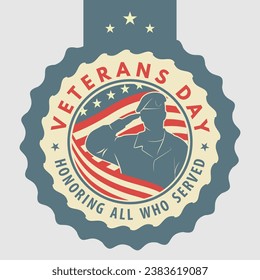 Veterans day poster template. US Army soldier saluting against USA Flag. Vector illustration