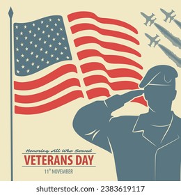 Veterans day poster template. US Army soldier saluting against USA Flag. Vector illustration