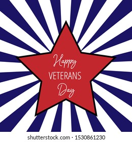 Veterans Day poster template. Vector square banner with red star on the striped blue and white background. Patriotic greeting card design