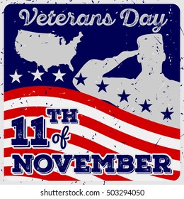 Veteran's day poster template in vintage style. US Army soldiers saluting on grunge american flag background