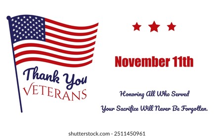 Veterans Day poster with the text, Thank You, Veterans. Your Sacrifice Will Never Be Forgotten