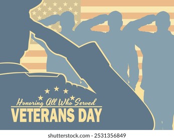 Veteranentag-Poster. US-Armeesoldat salutiert Nahaufnahme. Vektorgrafik.