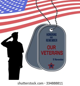 Veterans Day poster with US Army soldier saluting the american flag and dog tags