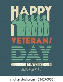 Veterans day poster. US military armed forces soldier in silhouette saluting