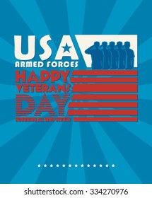 Veterans day poster. US military armed forces soldier in silhouette saluting