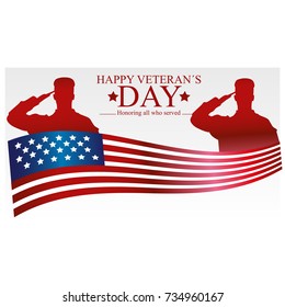 Veterans day poster. US military armed forces soldier in silhouette saluting. Vector illustration on the theme: veterans day, 11th November, patriotism, happiness, pride, America, USA, parade
