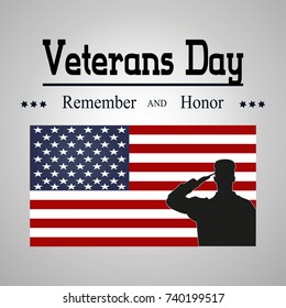 Veterans day poster. US military armed forces soldier in silhouette saluting. Vector illustration on the theme: veterans day, 11th November, patriotism, holiday, war, peace, America, USA, parade