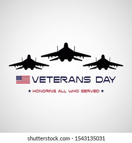 	
Veterans day poster with USA flag and fighter jets