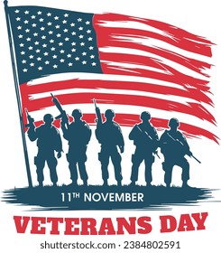 Veterans Tagesplakat. Vektorgrafik mit amerikanischer Flagge und Soldat der US-Streitkräfte in Silhouette