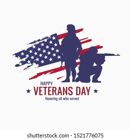 Veteran's day poster.Honoring all who served. Veteran's day illustration with american flag and soldiers