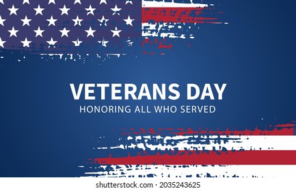 Veteran's day poster.Honoring all who served. Veteran's day illustration with american flag and soldiers