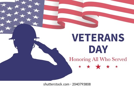 Veteran's day poster.Honoring all who served. Veteran's day illustration with american flag and soldiers