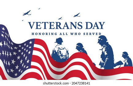 Veteran's day poster.Honoring all who served. Veteran's day illustration with american flag and soldiers