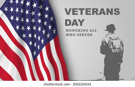 Veteran's day poster.Honoring all who served. Veteran's day illustration with american flag and soldiers
