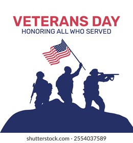 Veteran's day poster.Honoring all who served. Veterans day illustration with american flag and soldiers