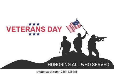 Veteran's day poster.Honoring all who served. Veterans day illustration horizontal with american flag and soldiers