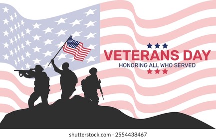 Veteran's day poster.Honoring all who served. Veterans day illustration horizontal with american flag and soldiers