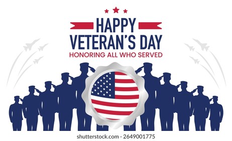 Cartaz do dia dos veteranos. Homenageando todos que serviram. Postagem nas mídias sociais. Ilustração do dia dos veteranos com bandeira e soldados americanos.