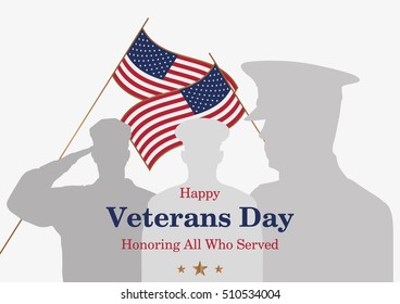 Veterans day promo banner. Greeting card or poster. Usa flag and people on background. Vector illustration EPS 10