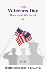 Veterans day promo banner. Greeting card or poster. Usa flag and people on background. Vector illustration EPS 10