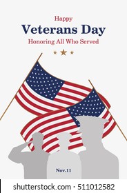 Veterans day promo banner. Greeting card or poster. Usa flag and people on background. Vector illustration EPS 10