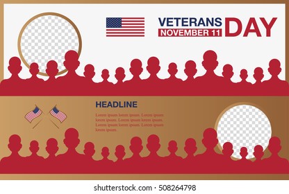 Veterans day promo banner. Honoring veterans, USA flag and people on background. Vector illustration.