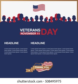 Veterans day promo banner. Honoring veterans, USA flag and people on background. Vector illustration.