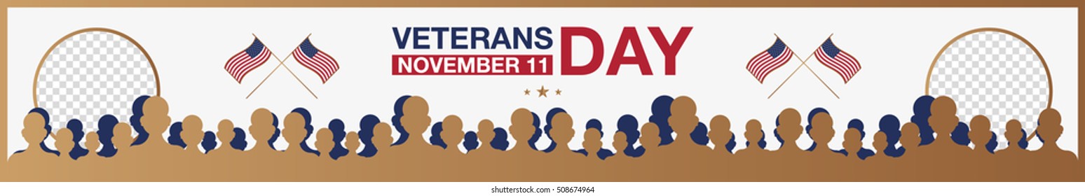 Veterans day promo banner. Honoring veterans, USA flag and people on background. Vector illustration.