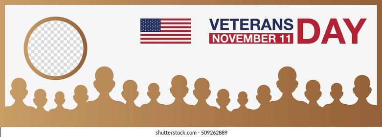 Veterans day promo banner. Honoring veterans, USA flag and people on background. Vector illustration.