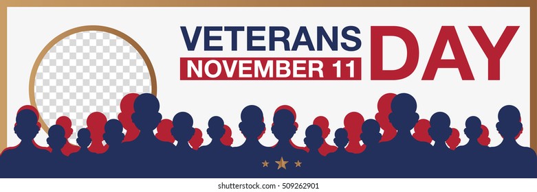 Veterans day promo banner. Honoring veterans, USA flag and people on background. Vector illustration.