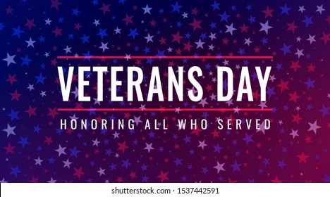 Veterans Day - Remember All Whoo Served greeting card with inscription on blue red patriotic background with USA celebration confetti stars