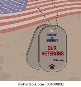 Veterans Day retro poster with the american flag and dog tags on grunge background