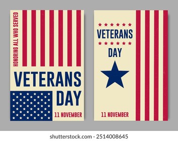 Veterans day retro poster. Vector. Honoring all who served. USA veterans day celebration. American national holiday poster design template