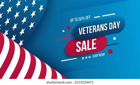 Venta del Día de los Veteranos. Anuncio promocional de ventas de vacaciones federales estadounidenses. Antecedentes comerciales para la publicidad de compras del Día del Veterano. Bandera estadounidense ondeando. Ilustración vectorial.