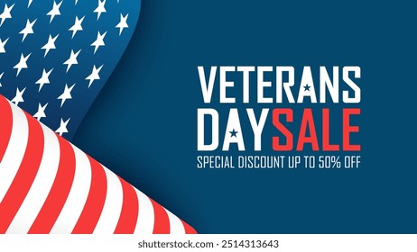 Veterans Day Sale Banner. Commercial background for Veteran's Day shopping advertising. American federal holiday sales promotion. Vector illustration.