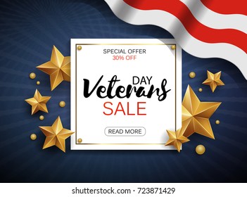 Veterans Day Sale banner template. Patriotic background with golden stars and flag. Vector illustration