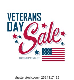 Veterans Day Sale Handelsschild mit Handschrift und amerikanische Flagge für Einkaufsaktivitäten und Verkaufsförderung. Vektorgrafik.