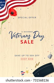 Veterans Day Sale Flyer. Holiday Backdrop with USA Flag and Red Poppy. Top View on Sleeves, Medal, Soldier Tag and Cap on wooden texture. Vector Illustration with Confetti.