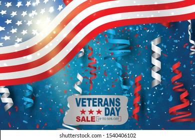 Veterans Day sale. Honoring all who served. American flag cover. USA National holiday design concept. Blue and red falling celebration confetti. Vector illustration.