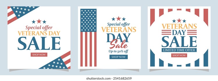 Veterans day sale. Set of sale event cards for shopping, business, advertising, social media. Collection of vector templates with text and patriotic symbols.