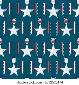 Veterans Day seamless pattern design. Congratulations veteran's day in the United States of America. Silver star medal with USA flag ribbon on blue background. Vector illustration.