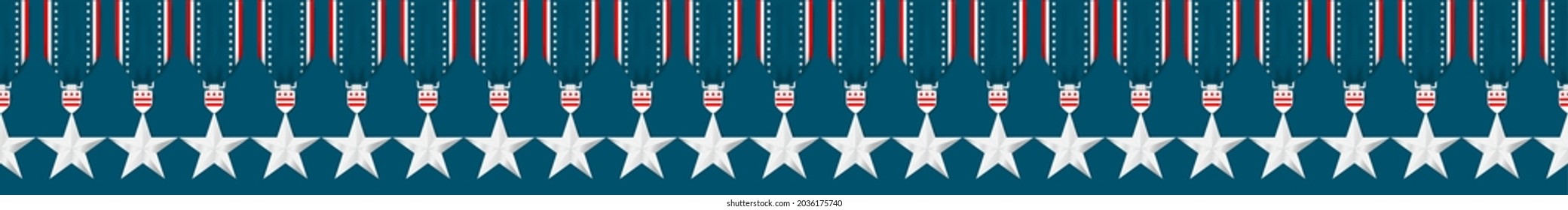 Veterans Day Seamless Pattern Design Border. Congratulations Veteran's Day In The United States Of America. Silver Star Medal With USA Flag Ribbon On Blue Background. Vector Illustration.